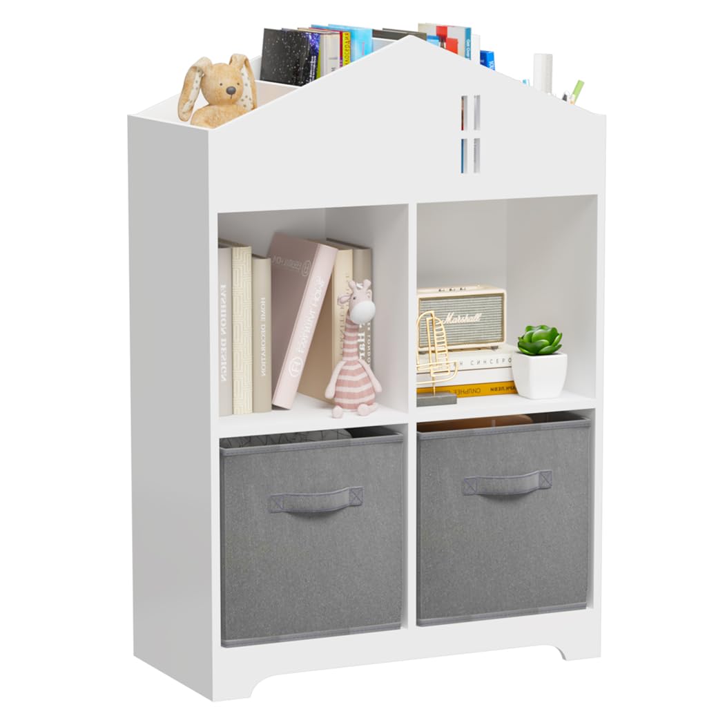 Kids Book Shelf and Bookcase, Wooden Children Storage Organizer with 2 Fabric Storage Cube Organizer, 4 Cubbies Open Bookshelf for Playroom, Bedroom, Living Room, Nursery, School,Gray