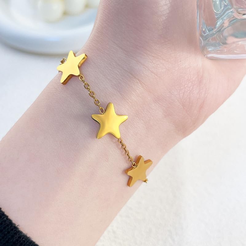 Dainty Stars Charm Bracelet for Women Simple Stackable Stainless Steel 18k Gold Plated Adjustable Link Chain Bangle Trendy Y2k Aesthetic Pentagram Birthday Gift Jewelry for Mom Wife Daughter - Image 2
