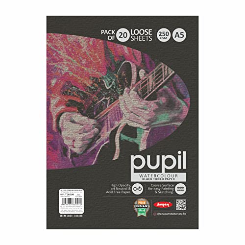 Image of Anupam Pupil Black Toned Paper - Acid Free - Cold Press Paper - 20 Loose Sheet - 225 GSM - A5