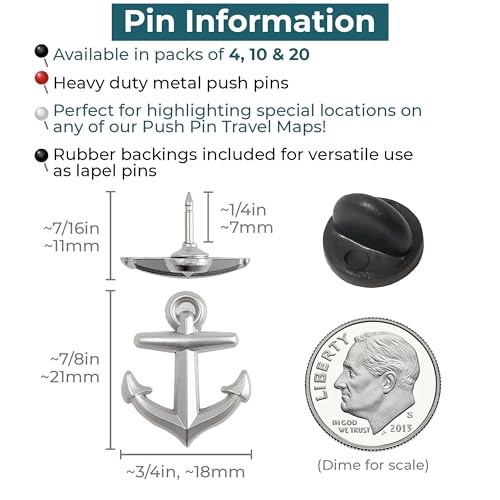 Image of Anchor Push Pins - Silver Metal Anchor Pins - for Cork Board, Maps, or Lapel Pin Use - Designed in USA - Set of 4