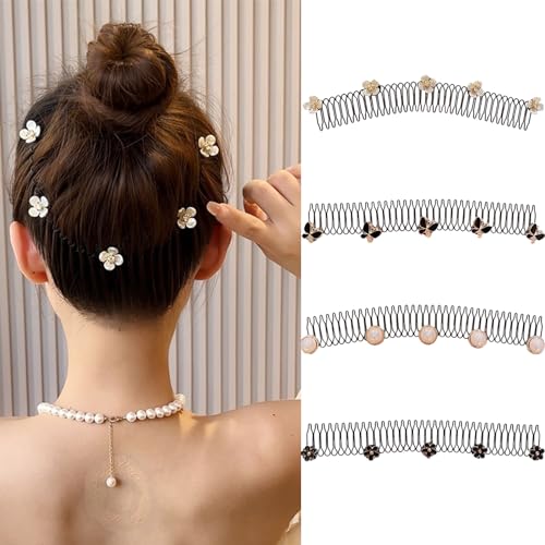 Ncozwo 4 Pcs Metal Wavy Headbands Pearl Butterfly Flower Hairband Shredded Hair Comb Fashion Black Flower Hair Bands Non-Slip Hair Accessories Holder for Women