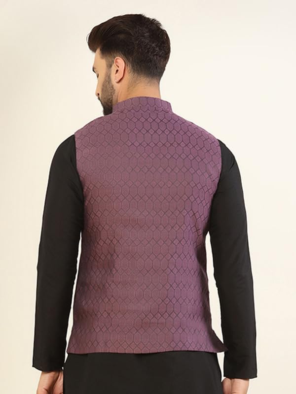 Image of KISAH Men's Green Jacquard Silk Blend Nehru Jacket- Traditional Indian Waistcoat for Weddings & Royal Parties
