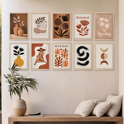 Image of NoWorries Boho Abstract Wall Art Set of 10 Frame Botanical Vase, Woman Line Art, Floral, Moon Phase, Brush & Terracotta Beige Modern Artwork for Living Room, Home Decor (Art-13, Size-10x13inch)