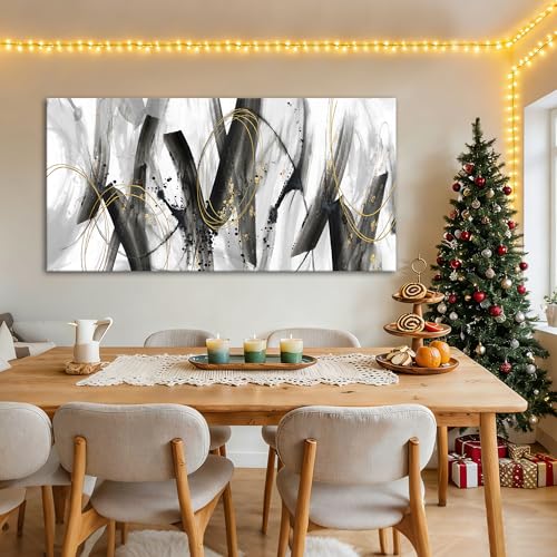 Image of AJAZIKO Black and Gold Modern Wall Art - Large Abstract Wall Art Decor for Living Room, Bedroom, Office - Elegant Black and White Painting for Stylish Home Decor