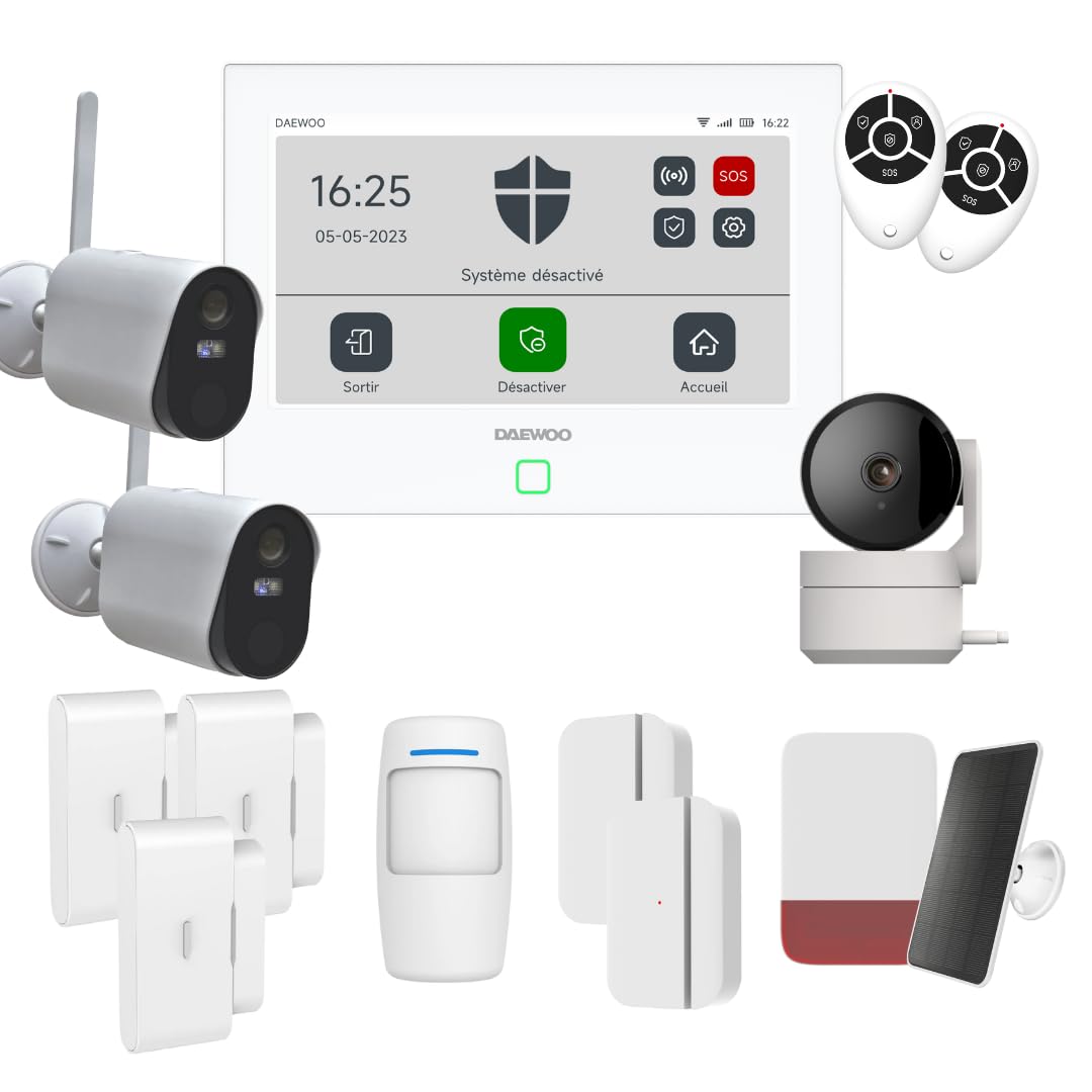 Daewoo Alarmanlage, WiFi/GSM Touch, 7 Zoll (17,8 cm), AM507L, kabelloses und ohne Abonnement, Tierfreundlich, Detektoren inklusive + Überwachungskamera, Full HD, Mobile App inklusive