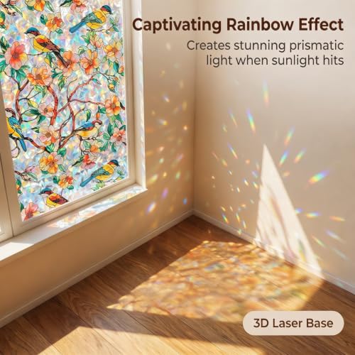 Image of SUNBABY Stained Glass Window Privacy Film, Rainbow Floral Bird, 23.6 inchx78.7 inch | Static Cling Decorative, No Glue, Renter-Friendly, Day and Night Privacy, UV Blocking, for Bathroom, Glass Door, with 3 Tools
