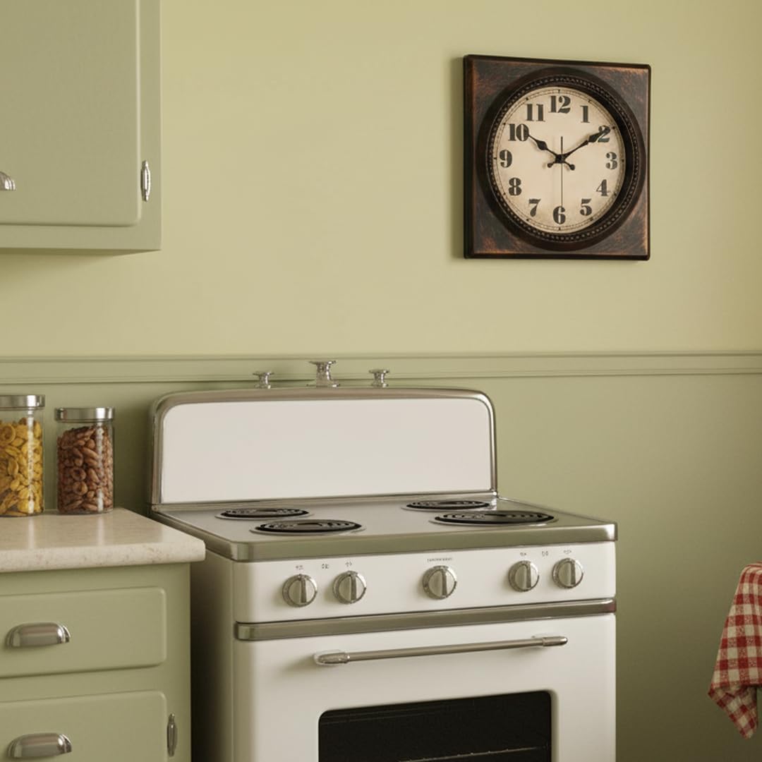 Wall Clock Vintage 1950s Style - Square Retro 12 Inch Wall Clocks Battery Operated for Kitchen Home Decor,Bronze