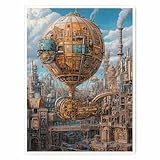Steampunk Airship Canvas Wall Art Vintage Cityscape Illustration with Metallic Airship and Ornate Buildings Fantasy Sci-Fi Print for Office Lounge Studio Posters 11x14in Unframed