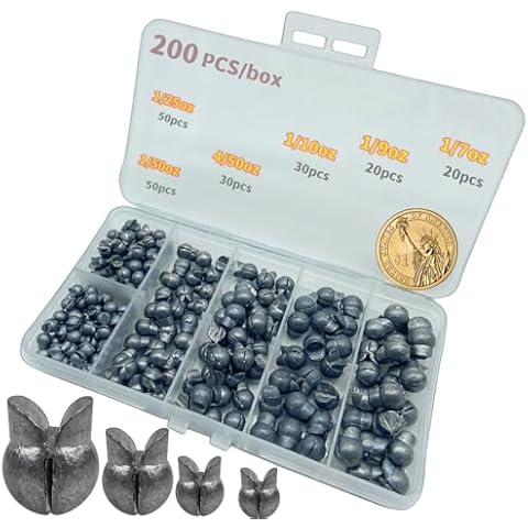 DAMIDEL 200Pcs/Box Big Size Removable Split Shot Fishing Sinkers(1/7oz,1/9oz,1/10oz,4/50oz,1/25oz,1/50oz Mixed)，Adjust Open Mouth Design Fishing Weights Clip for Freshwater Saltwater Cover