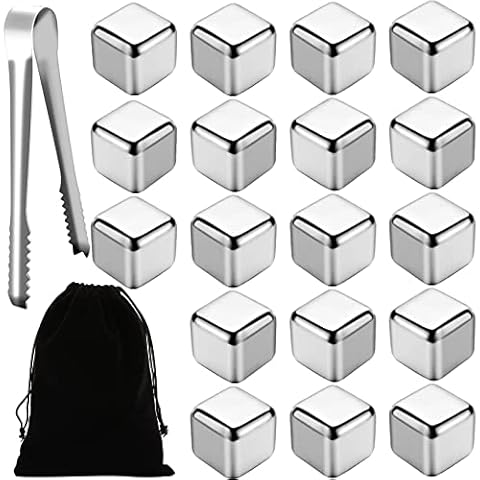 NANASO 18Pcs Metal Ice Cube,Reusable Whiskey Stones,Stainless Steel Ice Cubes,Refreezable Chilling Ice Cubes,Metal Chilling Rocks with Tongs and Drawstring Bag for Whiskey Vodka Juice Milk Soda Cover
