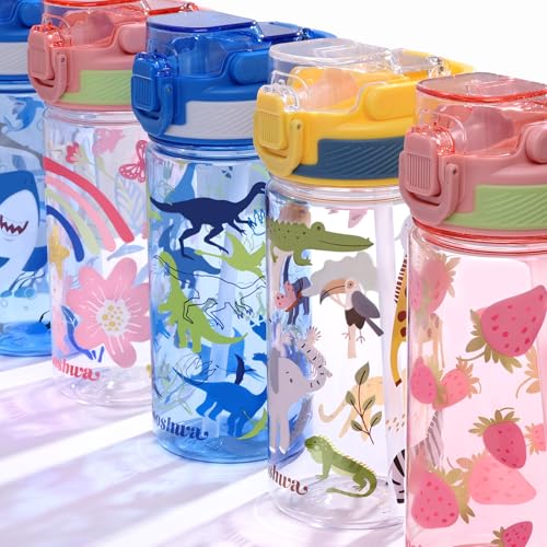 wooshwa Trinkflasche Kinder mit Strohhalm 480ml Auslaufsicher Sport Trinkflaschen Schule Wasserflasche Jungen Mädchen zum Wandern & Fitnessstudio mit Tragegriff BPA-frei - Bagger