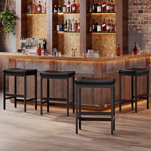 Image of RALGEND Bar Stools, Set of 4 Bar Chairs, Counter Height Stools, 24 inch Saddle Barstools with Curved Surface, Kitchen Breakfast Bar Stools with Footrest, Barstools Thick Upholstery, for Dining Cafe, Black