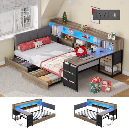 Dnxao Corner Bed Frame Twin with Storage & Desk,Twin Bed Frame...