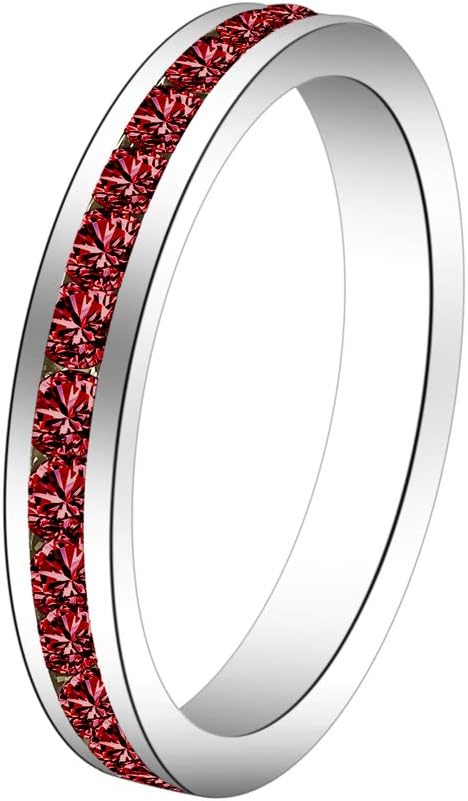 BosvisionMuses Art Design Birthstone Eternity Band Ring (Channel Set/Full Round), Stackable Fashion Ring with Crystal Birthstone