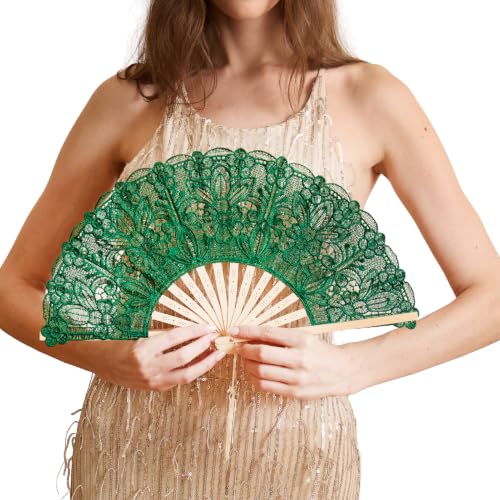 Happy Feather Lace Fan with Folding Handheld Embroidered Flowers Pattern Hand Fans for Wedding Bridal Tea Dancing Party -Green