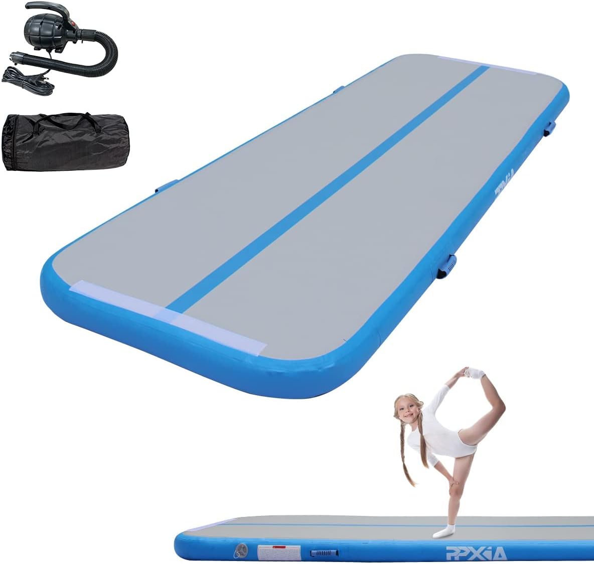 PPXIA Gymnastics Mat Air Tumble Track 10ft/13ft/16ft/20ft, Inflatable Kids Tumbling Mat Air Mats 4/8 inches Thickness with Electric Air Pump for Home Use Cheerleading Gym Outdoor Water Use Blue-1pcs 16FTx3.3FTx4IN