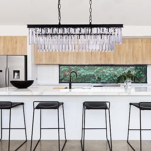 Wellmet Black Crystal Chandelier, 9-Light Modern Farmhouse Chandeliers Dining Room Lighting Fixture, Adjustable Rectangle Hanging Ceiling Light For Living Room,Pool Table Light, Kitchen Island #TOP7