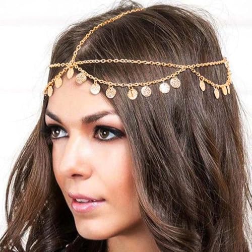 Runmi Kopfkette mit Zechinen, Quasten, Braut-Kopfschmuck, Stirnband, Festival-Haarschmuck für Damen und Mädchen (Golden)
