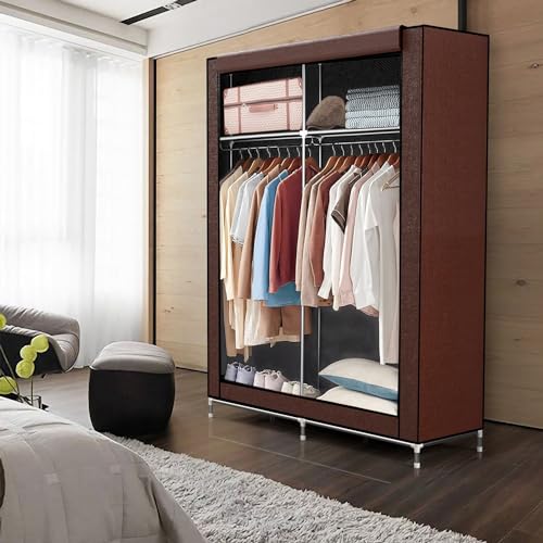 INTIRILIFE Faltschrank 108x45x170 cm in BRAUN - Stoffkleiderschrank mit Reißverschluss und Kleiderstange, Seitentasche und Fächern - Steckregal, Metallrahmen, Aufbewahrung