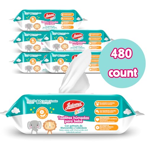 Image of JALOMA Baby Wipes, Pack of 6, 80 Wipes Each (480 Count) | Chamomile and Calendula Extract, Hypoallergenic, Paraben Free