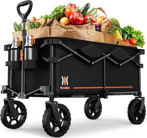 Navatiee 140L Collapsible Folding Wagon Large Capacity Foldable Wagon with Silent All-Terrain Wheels Utility Grocery Cart for Camping Shopping Outdoor Black
