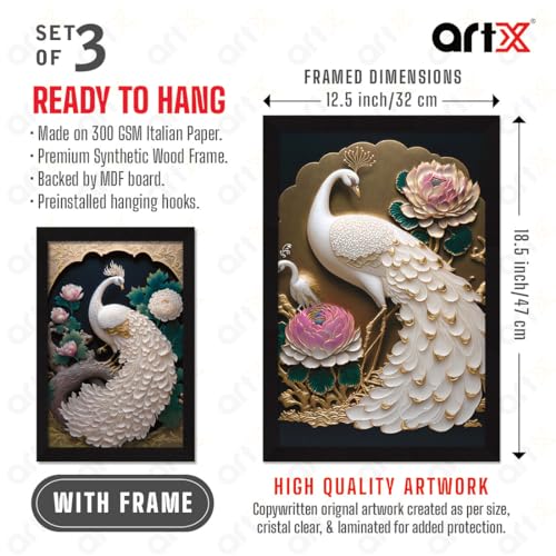 Image of ArtX Paper Peacock Painting For Wall Vastu For Living Room Decoration Big Size, Framed Painting for Wall Decoration, Wall Decor For Bedroom, Multicolor, 12x18 inches, Set Of 3