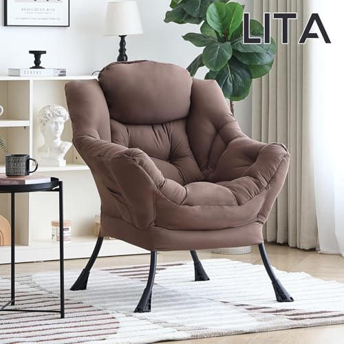 Image of LITA Lazy Chair with Armrests and Side Pocket, Modern Upholstered Accent Reading Chair for Living Room, Bedroom, Dorm, Small Spaces, Single Dark Brown