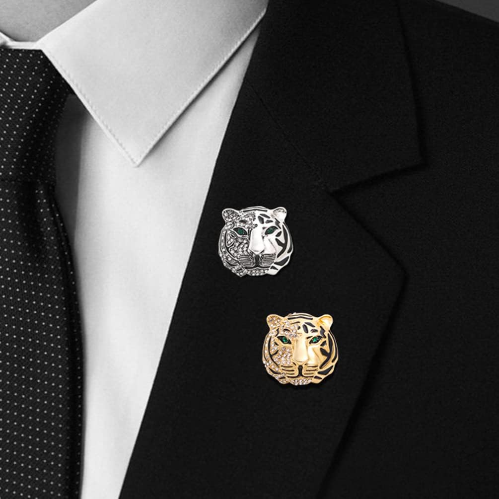 Tiger Head Brooch Pin Crystal Rhinestones Animal Badge Suit Breastpins Clips Collar Lapel Pin Clothes Dress Corsage for Men Women Golden - Image 3
