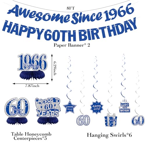 Image of Crenics Blue 1966 60th Birthday Decorations for Men or Women | Happy 60th Birthday Banner, Awesome Since 1966 Banner, Honeycomb Centerpieces and Hanging Swirls for 60 years old Party Suppl