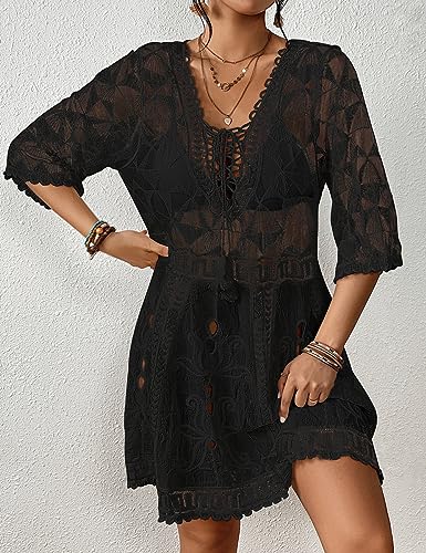 Bsubseach Women's Contrast Lace Bathing Cover Up V-Neck Coverups Hollow Out Beach Dress for Swimwear Drawstring Coverups3