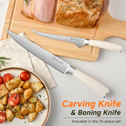 Sunnecko 15-Piece Kitchen Knife Set with Block and Sharpener, White Handle - Image 4