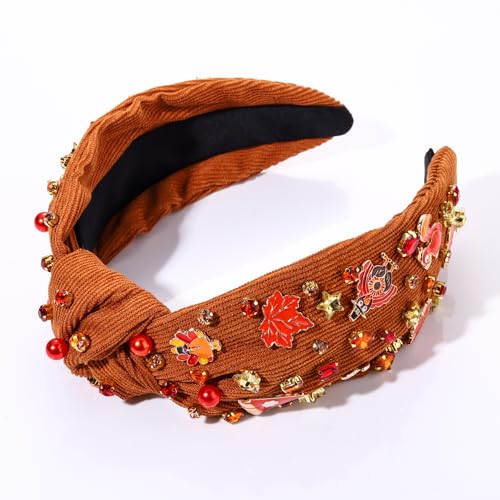 mokkia Thanksgiving Headband Fall Accessories for Women Beaded Turkey Maple Leaf Pumpkin Knotted Headbands Jeweled Rhinestone Pearl Top Knot Headband Autumn Fall Outfit Gifts - Image 3