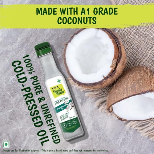 Image of Tata Simply Better Pure & Unrefined Cold Pressed Virgin Coconut Oil,Naturally Cholesterol Free,250 Ml,Rich Aroma & Flavour of Real Coconuts,for Daily Cooking with Multipurpose Usage,A1 Grade Coconuts