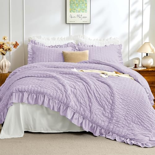 Image of JOLLYVOGUE Lavender King Comforter Set, 3 Pieces Seersucker Comforters King Size, Lightweight & Fluffy Bedding Sets King for All Season with 1 Ruffle Comforter and 2 Ruffle Pillowshams