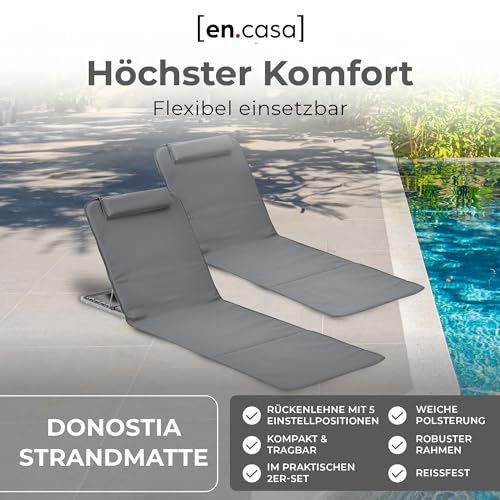 [en.casa] Strandmatte Donostia 2er Set Sonnenmatte klappbar Dunkelgrau Strandliege mit Verstellbarer Rückenlehne Liegematte mit Tragetasche 143 x 48 cm