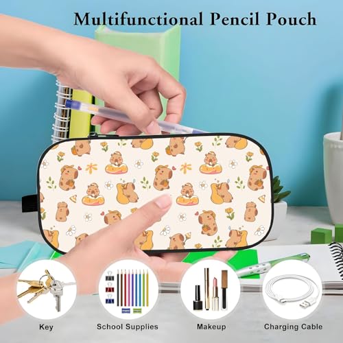 Image of WOBAGMEN Double Layer Pencil Case with Handle Large Pencil Bag Cute Print Pencil Pouch for Boys Girls (Capybara Donut)