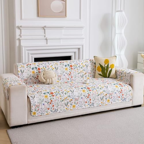 Image of HOMETHREADS Premium Style Anti Slip Sofa Cover Set | Cotton Sofa Slipcover | 1Pc Front Cover with Attached Armrest + 1Pc Back Cover (Mint Green, 5 Seater | 220x185cm)