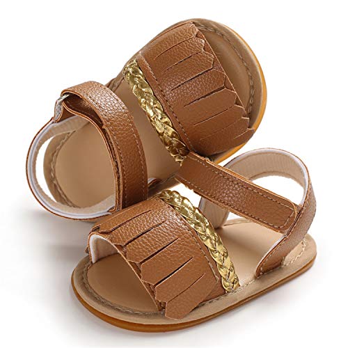 Image of EAU LAYAMEN Baby Girl Sandals Summer Crib Shoes Bowknot Soft Sole Infant Girls Princess Dress Flats First Walker Shoes, C560brown, Toddler:12-18 M,13cm