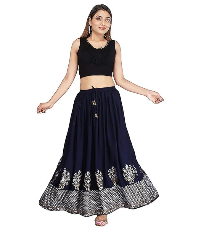 Rajasthani Jaipuri Women Traditional Ethnic Flared Gold Print Long Skirt Elastic with Full Length Free Size l Skirts for Women_Royal_Model_01