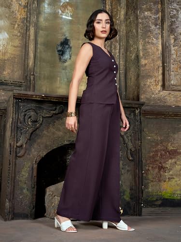 Image of PURVAJA Women's Sleeveless Vests Trouser Solid Co-Ords Set