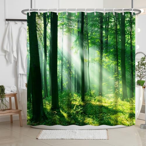 Bovlleetd 71x79inch Forest Shower Curtain Morning Forest Sunlight Bathroom Curtain 3D Printing Forest Scenery Natural Shower Curtain Green Woodland Waterproof Bath Curtain - Image 4