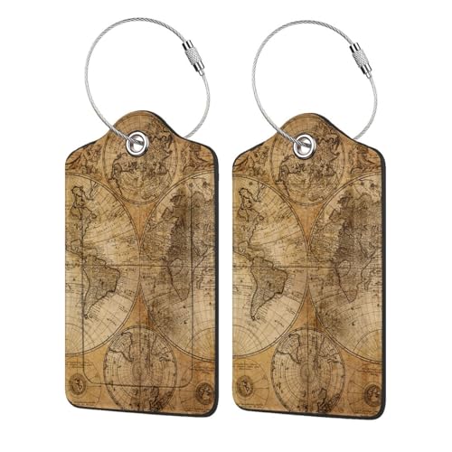 2 Pack Luggage Tags Nautical Old Map World Suitcase Leather Privacy Cover Id Label with Stainless Steel Loop for Women Men Travel - Main Image