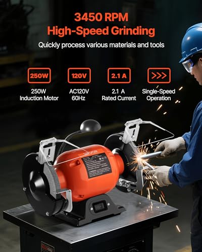 Image of VEVOR Bench Grinder, 6-inch Single Speed Bench Grinder, 3450RPM High-Speed Table Grinders with 250W 2.1A 1 /3Hp Induction Motor, 36 /60-Grit Grinding Wheels & LED Work Light for Fast Sharpening Grinding