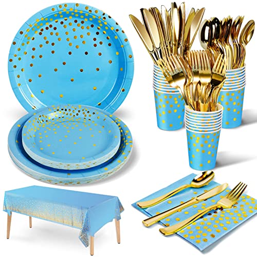 Image of Nkaiso 141Pcs Blue Gold Paper Plates and Napkins Party Supplies-20 Guests