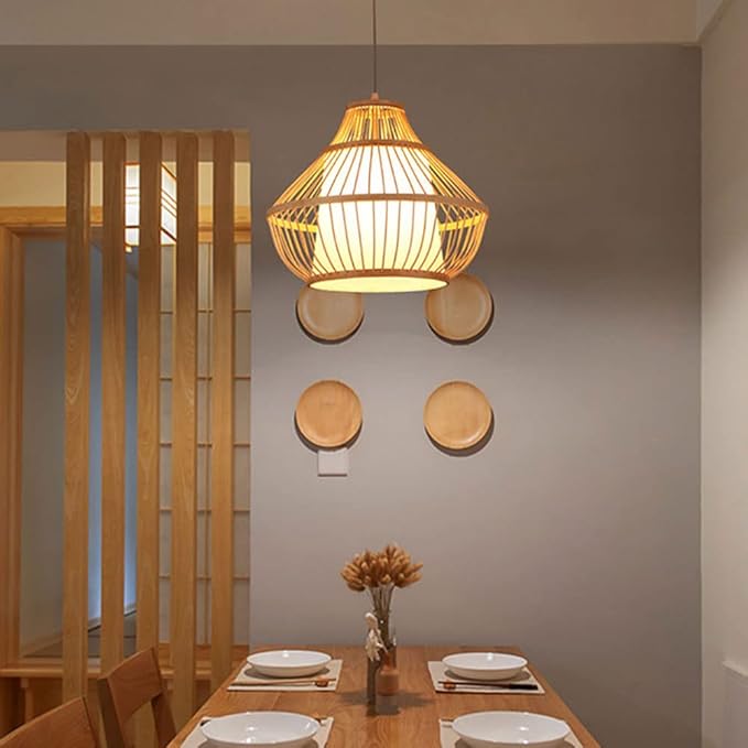 MODEBHD Creatieve Eenvoud Handgeweven Hanglamp, Moderne Rieten Ambachtelijke Hanglamp, Landelijke Bamboe Droplight, Persoonlijkheid Hanglamp, E27 Houten Kroonluchter, Voor Keukeneiland Eetkamer photo 2