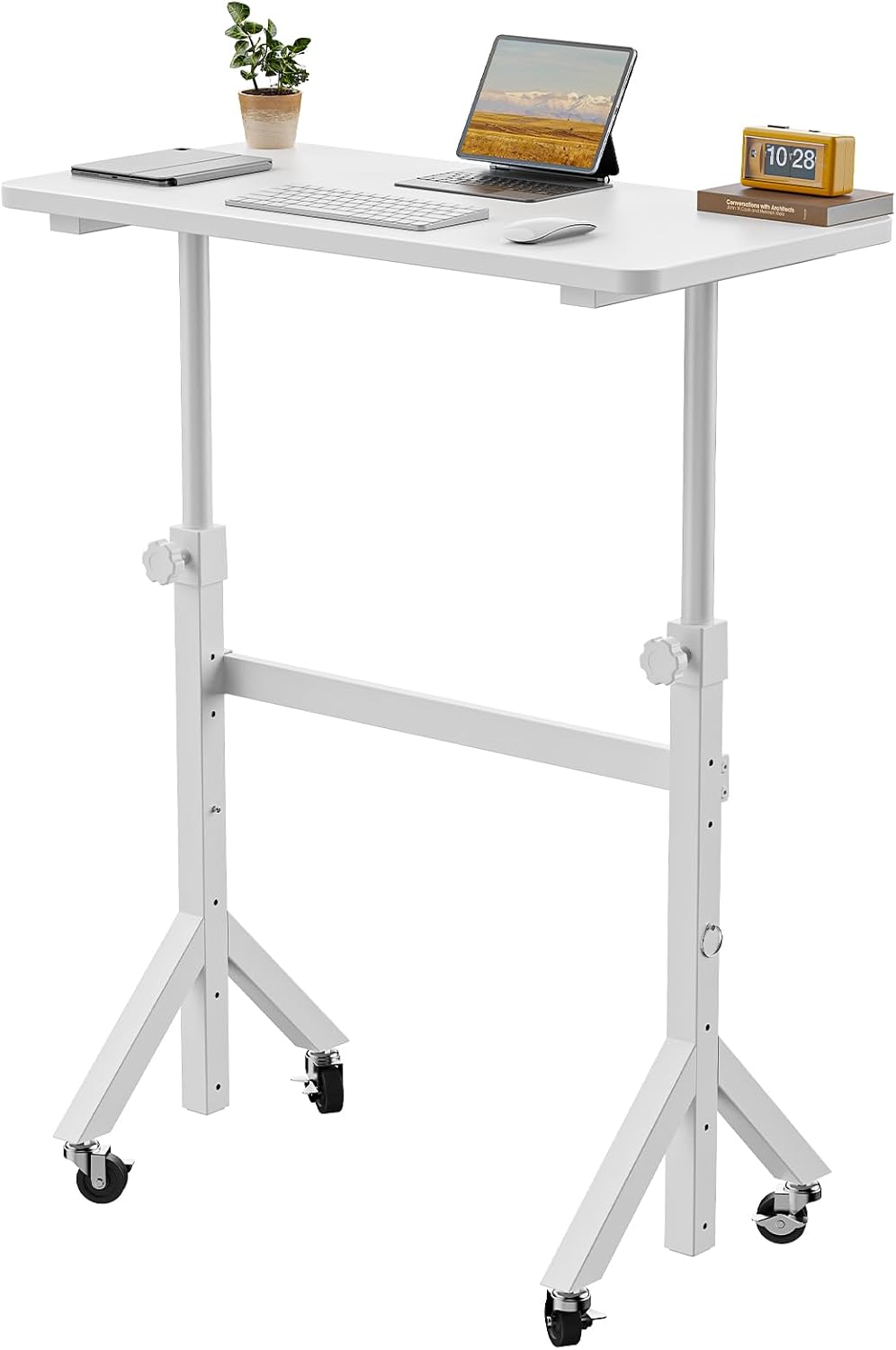 ErGear Small Standing Desk Adjustable Height, 6 Height Settings Up to 46.5″, Walking Pad Desk with Triangular Leg Design, Smooth Mobility with Lockable Wheels, Standing Desk for Walking Pad, White