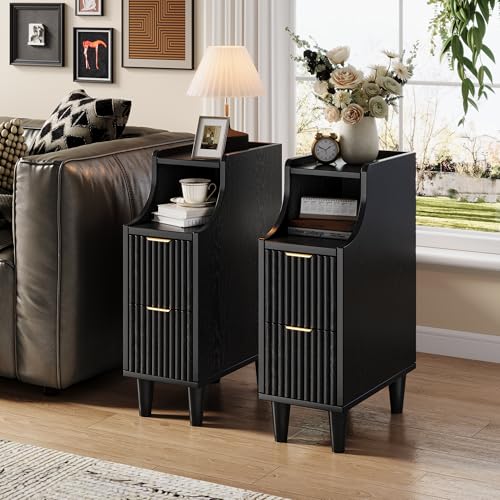Image of Fluted Nightstands Set of 2,Narrow Bedside Table with 2 Drawers & Storage, Farmhouse Walnut End Table Modern Side Table for Bedroom Livingroom Sofa Office, Small Space