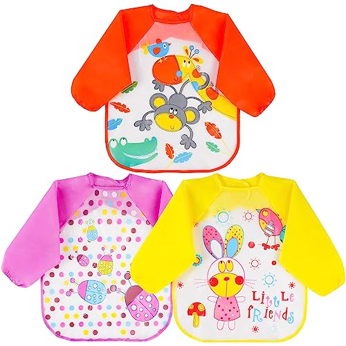 Vicloon Baberos del Bebé Impermeable, 3pcs Baberos Bebe Recien Nacido,Babero con Mangas Impermeable Infantil para Pintar con Mangas Largas de Bebé,Baberos de Alimentación para Bebés