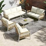 KOMHTOM Muebles de salón resistentes a la intemperie en color beige, muebles de jardín con tapizado y mesa de café con tapa de cristal (beige), CD31761234AAC