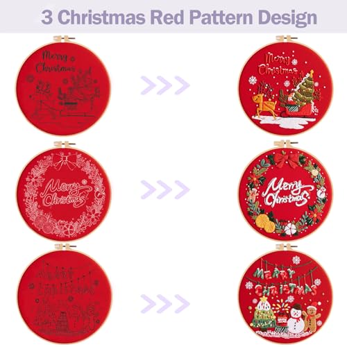 Image of Offizon 3 PCS Embroidery Kit for Beginners Stamped Christmas Red Pattern | Cross Stitch DIY Craft Set, Hoop Included, Santa Embroidery Accessories, Stitching Sewing Kit Gift for Adults
